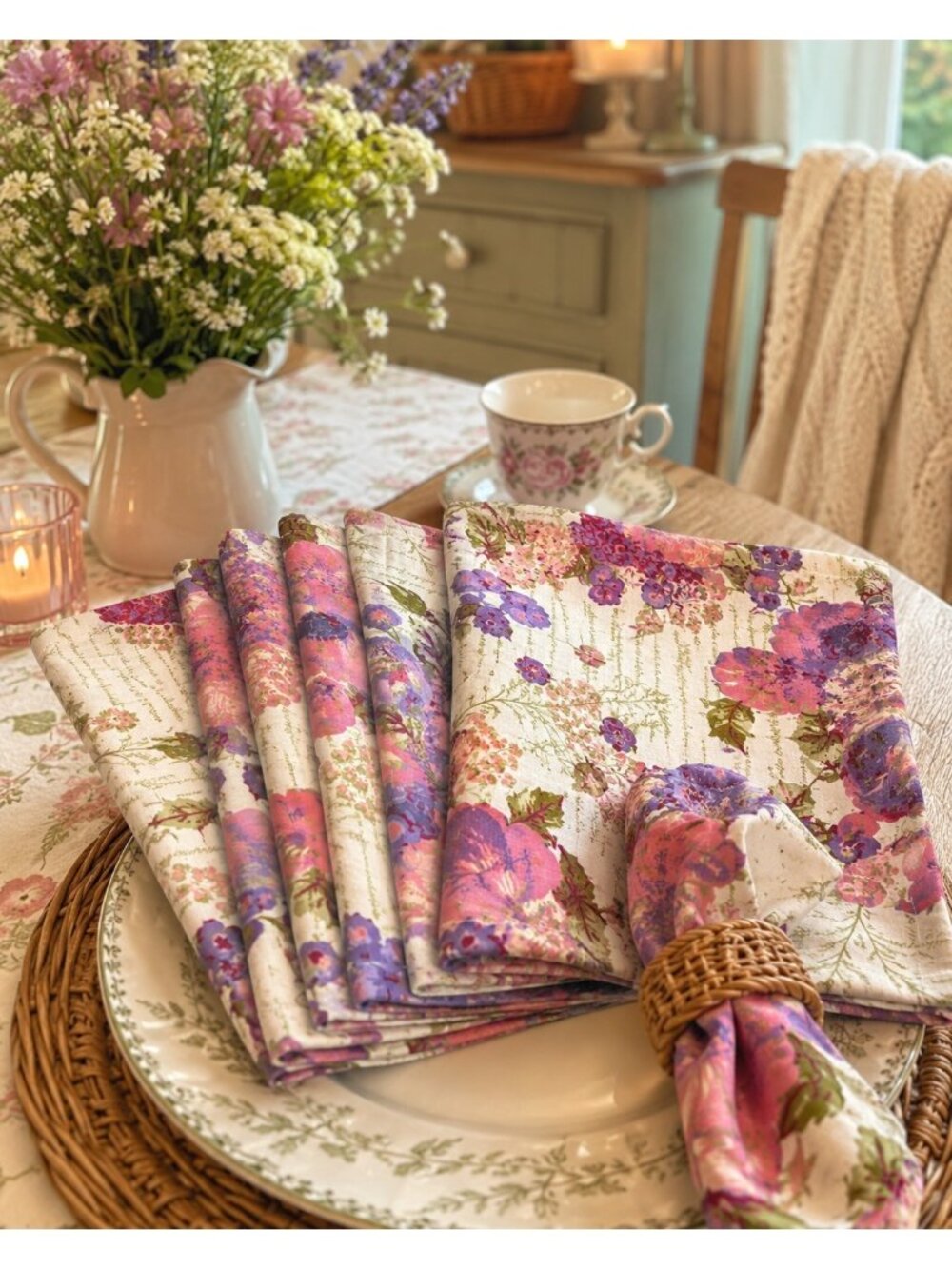 April Cornell Set of 8 Floral Cotton Dinner Napkins Cottage Garden Pink Purple